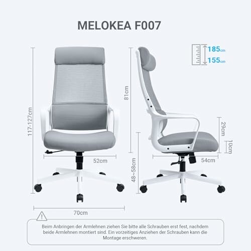 Ergonomischer Bürostuhl mit Maßangaben.