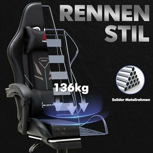 Rennstil-Gaming-Stuhl mit solidem Metallrahmen und 136 kg Tragfähigkeit.